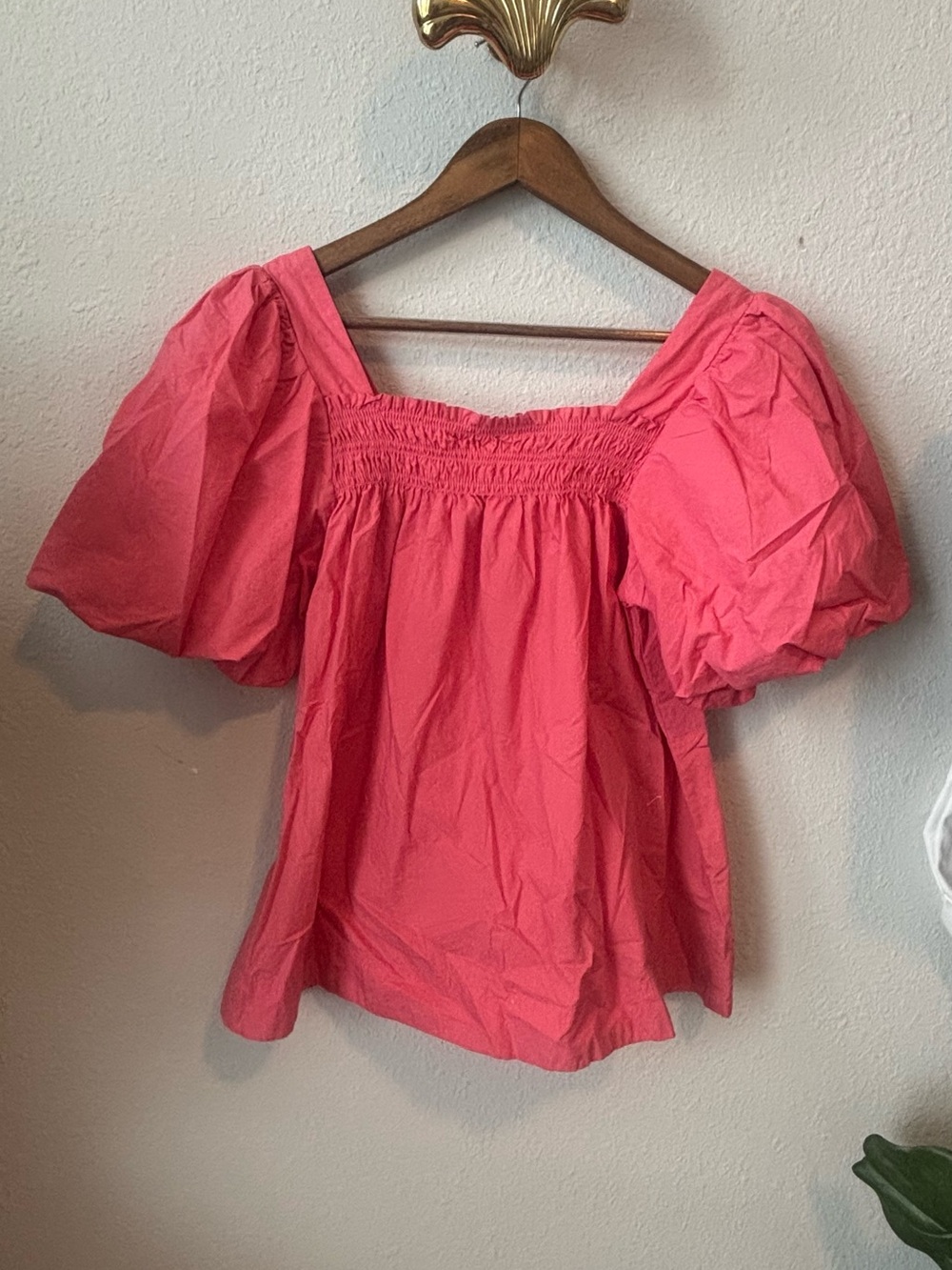 Anthropologie Coral-Pink Puff Sleeve Square Neck Blouse